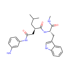 CNC(=O)[C@H](Cc1c[nH]c2ccccc12)NC(=O)[C@@H](CC(=O)Nc1cccc(N)c1)CC(C)C ZINC000653918654