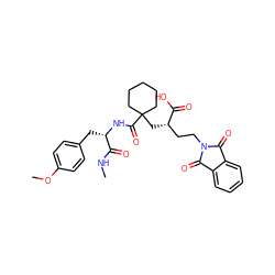 CNC(=O)[C@H](Cc1ccc(OC)cc1)NC(=O)C1(C[C@@H](CCN2C(=O)c3ccccc3C2=O)C(=O)O)CCCCC1 ZINC000029465982