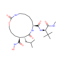 CNC(=O)[C@H](NC(=O)[C@@H]1CCCCNC(=O)OCCC[C@H](C(=O)NO)[C@@H](CC(C)C)C(=O)N1)C(C)(C)C ZINC000026650392