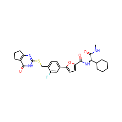 CNC(=O)[C@H](NC(=O)c1ccc(-c2ccc(CSc3nc4c(c(=O)[nH]3)CCC4)c(F)c2)o1)C1CCCCC1 ZINC001772573554