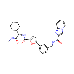 CNC(=O)[C@H](NC(=O)c1ccc(-c2cccc(CNC(=O)c3cn4ccccc4n3)c2)o1)C1CCCCC1 ZINC000058582396