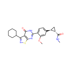 CNC(=O)[C@H]1C[C@@H]1c1ccc(-c2nc3snc(C4CCCCC4)c3c(=O)[nH]2)c(OC)c1 ZINC000084633658