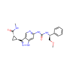 CNC(=O)[C@H]1C[C@@H]1c1n[nH]c2cc(NC(=O)N[C@H](COC)c3ccccc3)ncc12 ZINC000261145026