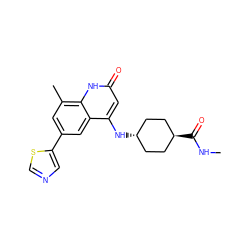 CNC(=O)[C@H]1CC[C@H](Nc2cc(=O)[nH]c3c(C)cc(-c4cncs4)cc23)CC1 ZINC000299850593