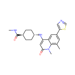 CNC(=O)[C@H]1CC[C@H](Nc2cc(=O)n(C)c3c(C)cc(-c4cncs4)cc23)CC1 ZINC000299850995