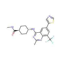 CNC(=O)[C@H]1CC[C@H](Nc2nc(C)nc3c(C(F)(F)F)cc(-c4cncs4)cc23)CC1 ZINC000299852300