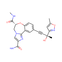 CNC(=O)[C@H]1Cn2cc(C(N)=O)nc2-c2cc(C#C[C@@](C)(O)c3cc(C)on3)ccc2O1 ZINC000219485001