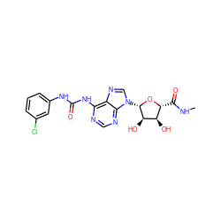 CNC(=O)[C@H]1O[C@@H](n2cnc3c(NC(=O)Nc4cccc(Cl)c4)ncnc32)[C@H](O)[C@@H]1O ZINC000012405942