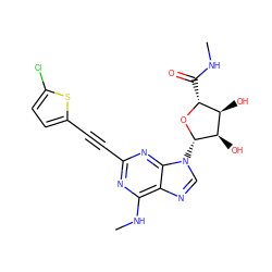 CNC(=O)[C@H]1O[C@@H](n2cnc3c(NC)nc(C#Cc4ccc(Cl)s4)nc32)[C@H](O)[C@@H]1O ZINC001772644365