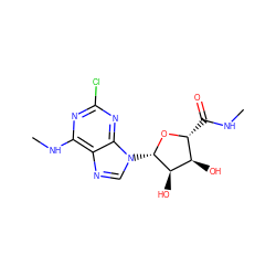 CNC(=O)[C@H]1O[C@@H](n2cnc3c(NC)nc(Cl)nc32)[C@H](O)[C@@H]1O ZINC000096901884