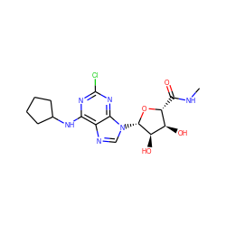 CNC(=O)[C@H]1O[C@@H](n2cnc3c(NC4CCCC4)nc(Cl)nc32)[C@H](O)[C@@H]1O ZINC000096900872