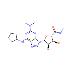 CNC(=O)[C@H]1O[C@@H](n2cnc3c(NC4CCCC4)nc(N(C)C)nc32)[C@H](O)[C@@H]1O ZINC000103298680