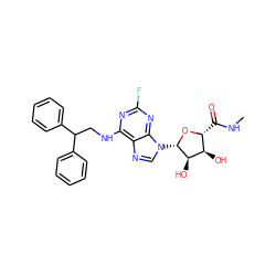 CNC(=O)[C@H]1O[C@@H](n2cnc3c(NCC(c4ccccc4)c4ccccc4)nc(F)nc32)[C@H](O)[C@@H]1O ZINC000084668558