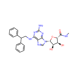 CNC(=O)[C@H]1O[C@@H](n2cnc3c(NCC(c4ccccc4)c4ccccc4)nc(N)nc32)[C@H](O)[C@@H]1O ZINC000103298675