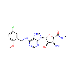 CNC(=O)[C@H]1O[C@@H](n2cnc3c(NCc4cc(Cl)ccc4OC)ncnc32)[C@H](O)[C@@H]1N ZINC000096314041