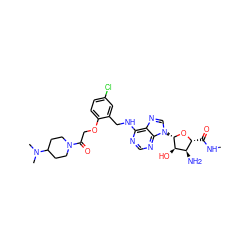 CNC(=O)[C@H]1O[C@@H](n2cnc3c(NCc4cc(Cl)ccc4OCC(=O)N4CCC(N(C)C)CC4)ncnc32)[C@H](O)[C@@H]1N ZINC000096314038