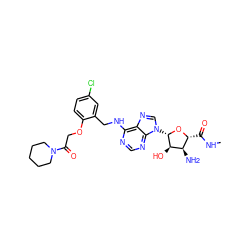 CNC(=O)[C@H]1O[C@@H](n2cnc3c(NCc4cc(Cl)ccc4OCC(=O)N4CCCCC4)ncnc32)[C@H](O)[C@@H]1N ZINC000096314037