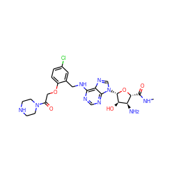 CNC(=O)[C@H]1O[C@@H](n2cnc3c(NCc4cc(Cl)ccc4OCC(=O)N4CCNCC4)ncnc32)[C@H](O)[C@@H]1N ZINC000034800765