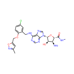 CNC(=O)[C@H]1O[C@@H](n2cnc3c(NCc4cc(Cl)ccc4OCc4cc(C)no4)ncnc32)[C@H](O)[C@@H]1N ZINC000053165036