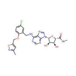 CNC(=O)[C@H]1O[C@@H](n2cnc3c(NCc4cc(Cl)ccc4OCc4cc(C)no4)ncnc32)[C@H](O)[C@@H]1O ZINC000027109070