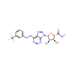 CNC(=O)[C@H]1O[C@@H](n2cnc3c(NCc4cccc(C(F)(F)F)c4)ncnc32)[C@H](O)[C@@H]1O ZINC000012405565