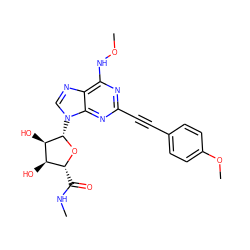 CNC(=O)[C@H]1O[C@@H](n2cnc3c(NOC)nc(C#Cc4ccc(OC)cc4)nc32)[C@H](O)[C@@H]1O ZINC000045287072