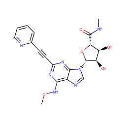 CNC(=O)[C@H]1O[C@@H](n2cnc3c(NOC)nc(C#Cc4ccccn4)nc32)[C@H](O)[C@@H]1O ZINC000034800895