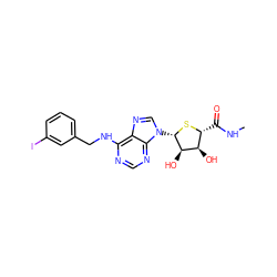 CNC(=O)[C@H]1S[C@@H](n2cnc3c(NCc4cccc(I)c4)ncnc32)[C@H](O)[C@@H]1O ZINC000042889331