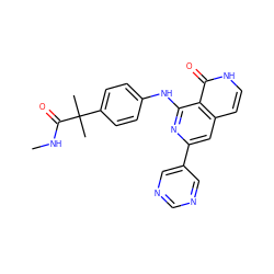 CNC(=O)C(C)(C)c1ccc(Nc2nc(-c3cncnc3)cc3cc[nH]c(=O)c23)cc1 ZINC000115113015