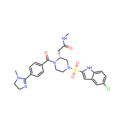 CNC(=O)C[C@@H]1CN(S(=O)(=O)c2cc3cc(Cl)ccc3[nH]2)CCN1C(=O)c1ccc(C2=NCCN2C)cc1 ZINC000026188738