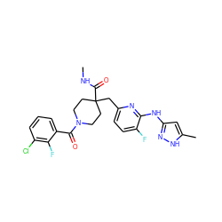 CNC(=O)C1(Cc2ccc(F)c(Nc3cc(C)[nH]n3)n2)CCN(C(=O)c2cccc(Cl)c2F)CC1 ZINC000261172313