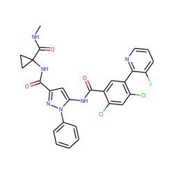 CNC(=O)C1(NC(=O)c2cc(NC(=O)c3cc(-c4ncccc4F)c(Cl)cc3Cl)n(-c3ccccc3)n2)CC1 ZINC001772609854