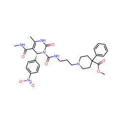 CNC(=O)C1=C(C)NC(=O)N(C(=O)NCCCN2CCC(C(=O)OC)(c3ccccc3)CC2)[C@@H]1c1ccc([N+](=O)[O-])cc1 ZINC000027527155