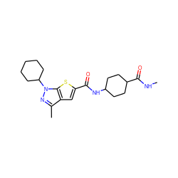 CNC(=O)C1CCC(NC(=O)c2cc3c(C)nn(C4CCCCC4)c3s2)CC1 ZINC000114714734