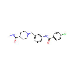 CNC(=O)C1CCN(Cc2cccc(NC(=O)c3ccc(Cl)cc3)c2)CC1 ZINC000179826138