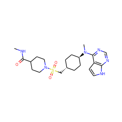 CNC(=O)C1CCN(S(=O)(=O)C[C@H]2CC[C@H](N(C)c3ncnc4[nH]ccc34)CC2)CC1 ZINC000261137298