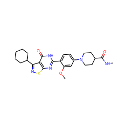 CNC(=O)C1CCN(c2ccc(-c3nc4snc(C5CCCCC5)c4c(=O)[nH]3)c(OC)c2)CC1 ZINC000084633657