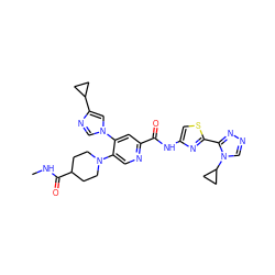 CNC(=O)C1CCN(c2cnc(C(=O)Nc3csc(-c4nncn4C4CC4)n3)cc2-n2cnc(C3CC3)c2)CC1 ZINC001772656176