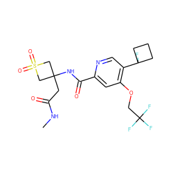 CNC(=O)CC1(NC(=O)c2cc(OCC(F)(F)F)c(C3(F)CCC3)cn2)CS(=O)(=O)C1 ZINC000149244662