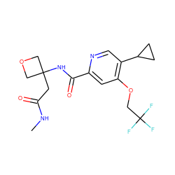 CNC(=O)CC1(NC(=O)c2cc(OCC(F)(F)F)c(C3CC3)cn2)COC1 ZINC000146340038