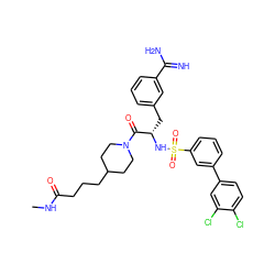 CNC(=O)CCCC1CCN(C(=O)[C@H](Cc2cccc(C(=N)N)c2)NS(=O)(=O)c2cccc(-c3ccc(Cl)c(Cl)c3)c2)CC1 ZINC000169323414