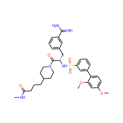 CNC(=O)CCCC1CCN(C(=O)[C@H](Cc2cccc(C(=N)N)c2)NS(=O)(=O)c2cccc(-c3ccc(OC)cc3OC)c2)CC1 ZINC000169323425