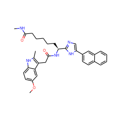 CNC(=O)CCCCC[C@H](NC(=O)Cc1c(C)[nH]c2ccc(OC)cc12)c1ncc(-c2ccc3ccccc3c2)[nH]1 ZINC000044351721