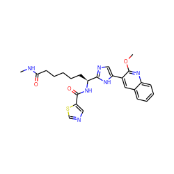 CNC(=O)CCCCC[C@H](NC(=O)c1cncs1)c1ncc(-c2cc3ccccc3nc2OC)[nH]1 ZINC000219595657