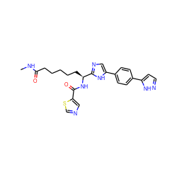 CNC(=O)CCCCC[C@H](NC(=O)c1cncs1)c1ncc(-c2ccc(-c3ccn[nH]3)cc2)[nH]1 ZINC000145904601