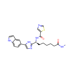 CNC(=O)CCCCC[C@H](NC(=O)c1cncs1)c1ncc(-c2ccc3[nH]ccc3c2)[nH]1 ZINC000219595755