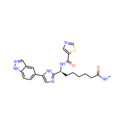 CNC(=O)CCCCC[C@H](NC(=O)c1cncs1)c1ncc(-c2ccc3[nH]ncc3c2)[nH]1 ZINC000219602129