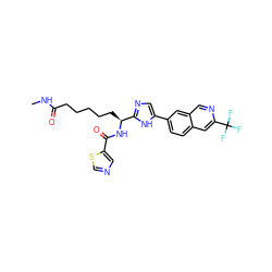 CNC(=O)CCCCC[C@H](NC(=O)c1cncs1)c1ncc(-c2ccc3cc(C(F)(F)F)ncc3c2)[nH]1 ZINC000219609411