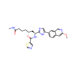 CNC(=O)CCCCC[C@H](NC(=O)c1cncs1)c1ncc(-c2ccc3cc(OC)ncc3c2)[nH]1 ZINC000219609508