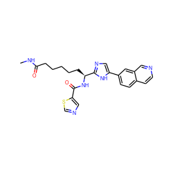 CNC(=O)CCCCC[C@H](NC(=O)c1cncs1)c1ncc(-c2ccc3ccncc3c2)[nH]1 ZINC000145914063